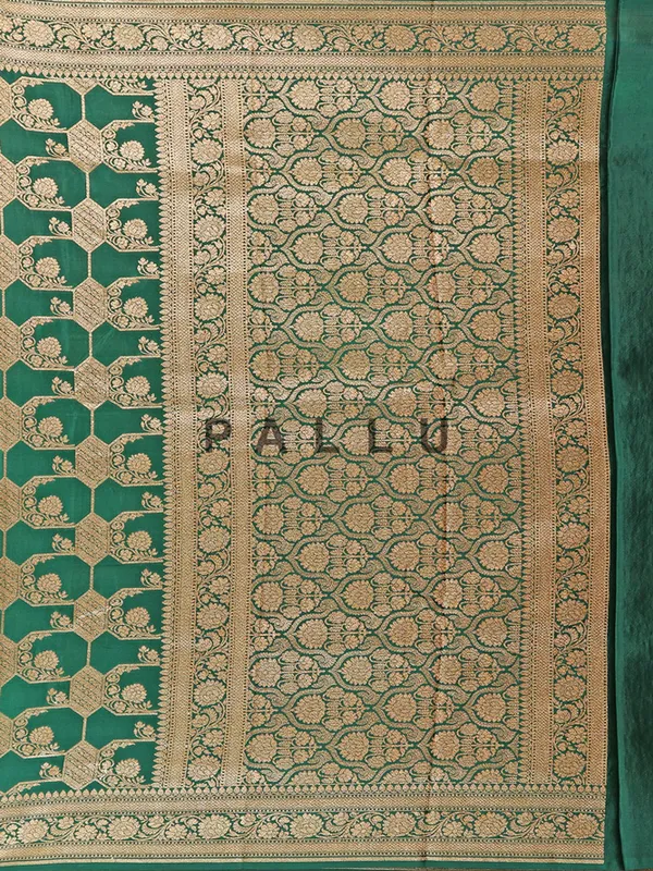 Gorgeous dark green silk sari with zari work