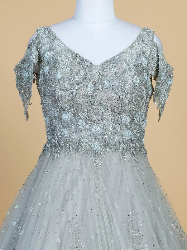 Gorgeous grey net designer gown