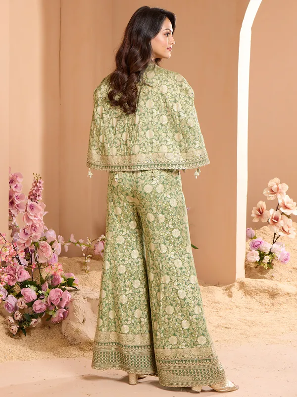 Gorgeous jacket style green silk palazzo suit