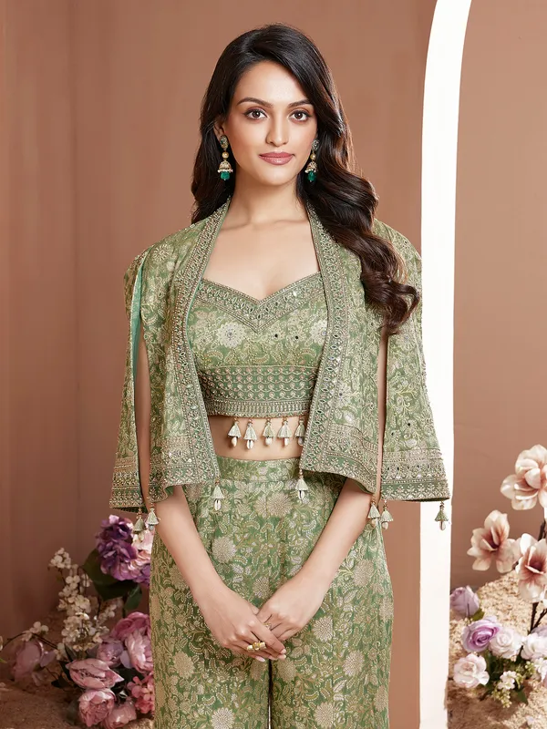 Gorgeous jacket style green silk palazzo suit for women