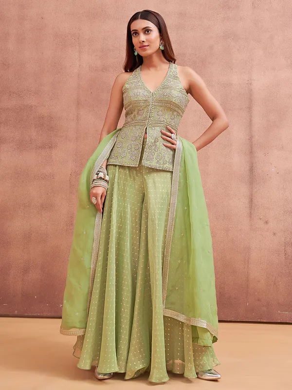 Gorgeous light green silk palazzo salwar suit