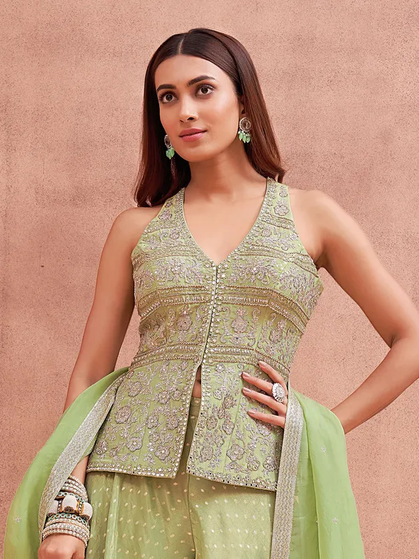 Gorgeous light green silk palazzo salwar suit