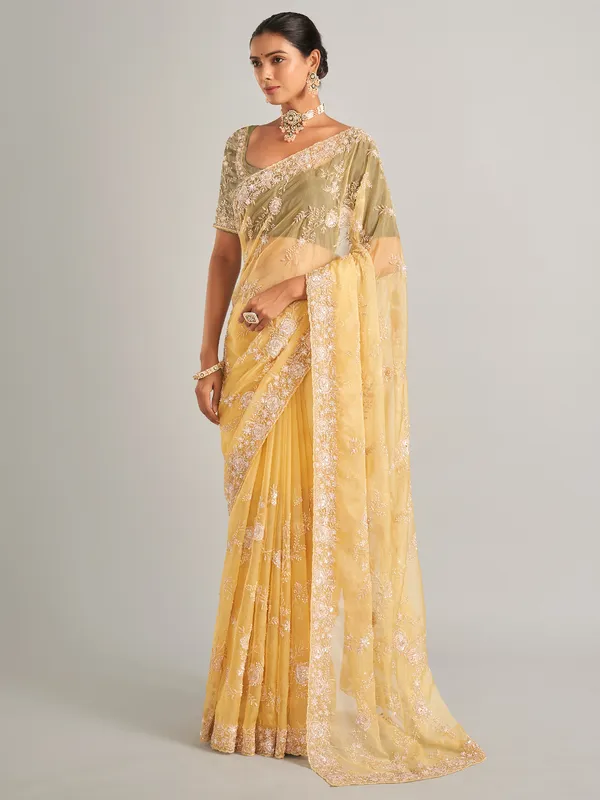 Light yellow organza silk saree