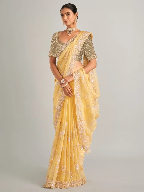Light yellow organza silk saree