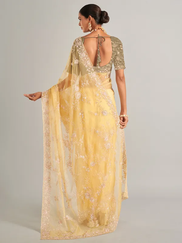 Light yellow organza silk saree