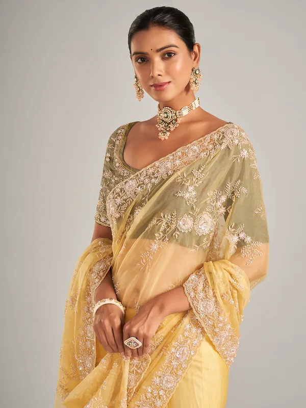Light yellow organza silk saree