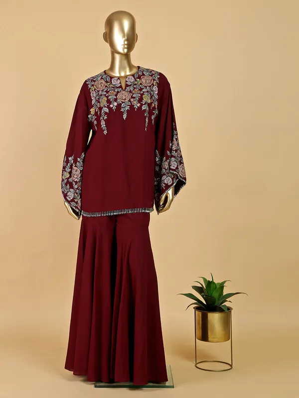 Gorgeous maroon georgette sharara suit