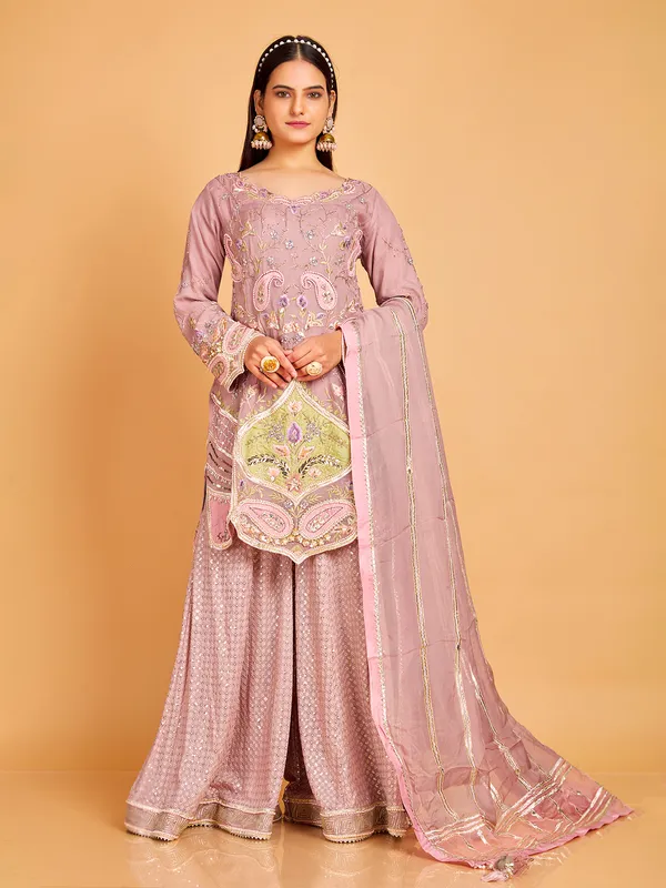 Gorgeous mauve pink georgette sharara suit