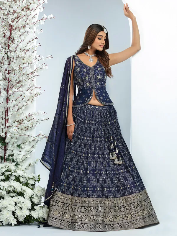 Gorgeous navy printed silk lehenga choli