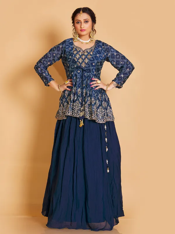 Gorgeous navy silk printed lehenga suit
