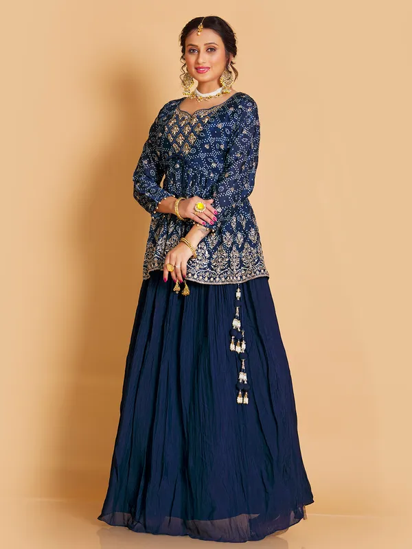 Gorgeous navy silk printed lehenga suit