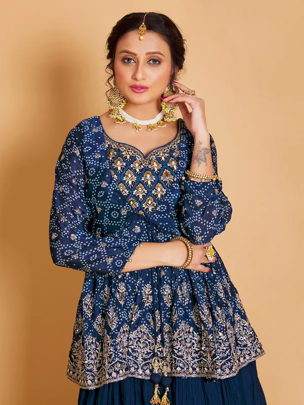Gorgeous navy silk printed lehenga suit