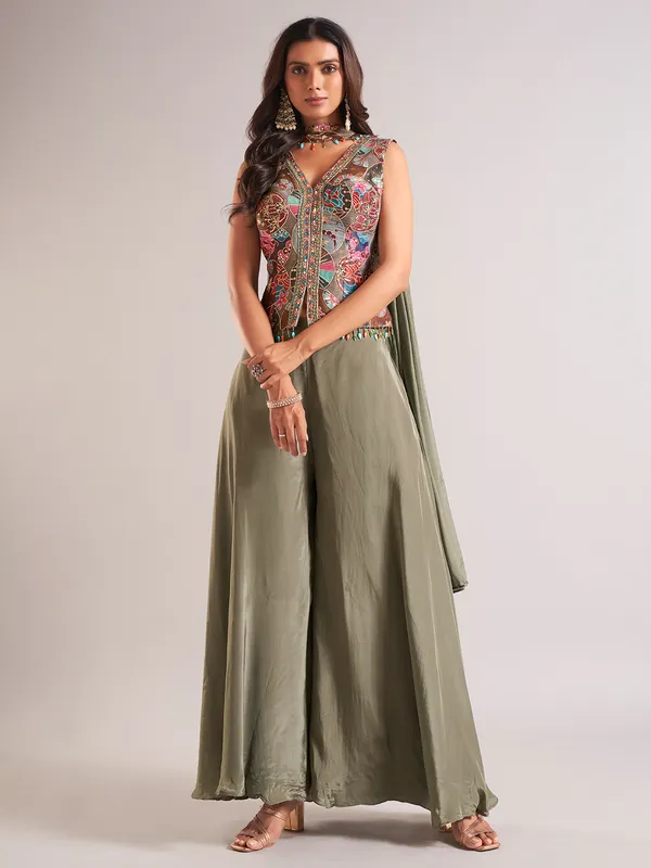 Gorgeous olive silk palazzo salwar suit