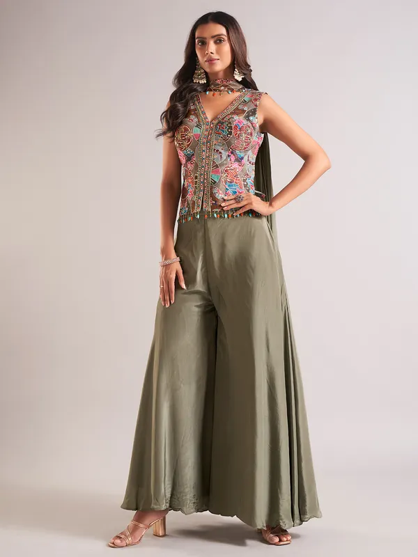 Gorgeous olive silk palazzo salwar suit