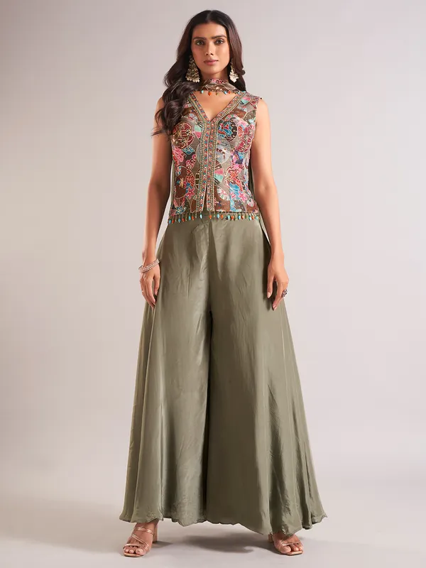 Gorgeous olive silk palazzo salwar suit
