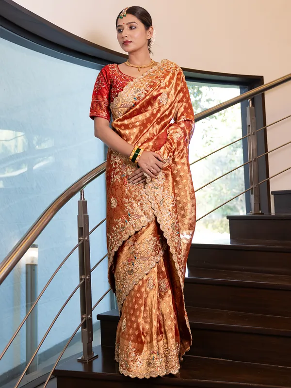 Orange saree in banarasi tissue silk