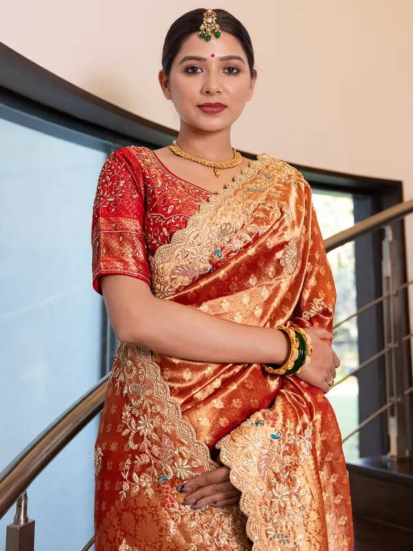 Orange saree in banarasi tissue silk