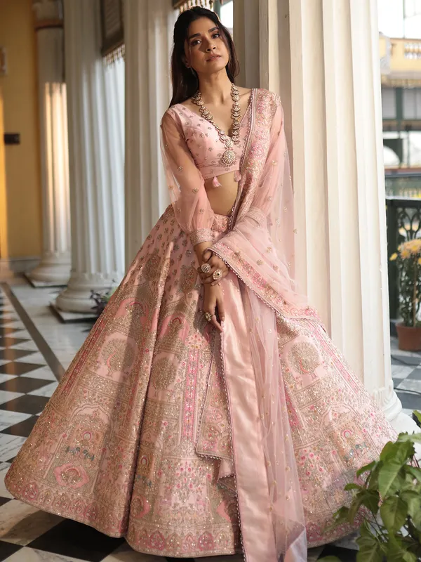 Gorgeous pink lehenga choli in raw silk