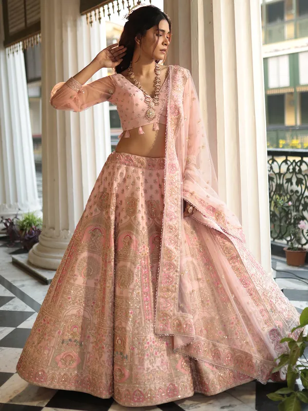 Gorgeous pink lehenga choli in raw silk