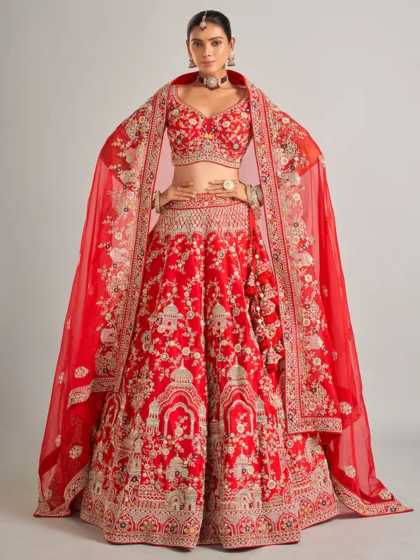 Gorgeous raw silk lehenga choli in red