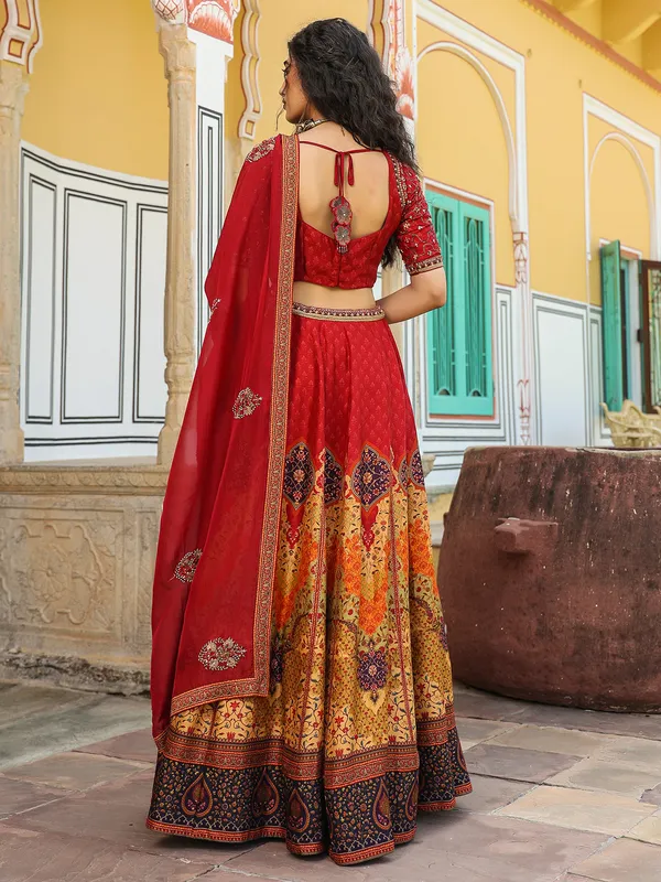 Gorgeous red and yellow printed lehenga choli in silk