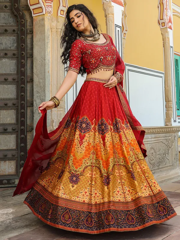 Gorgeous red and yellow printed lehenga choli in silk
