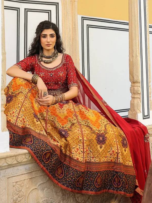 Gorgeous red and yellow printed lehenga choli in silk