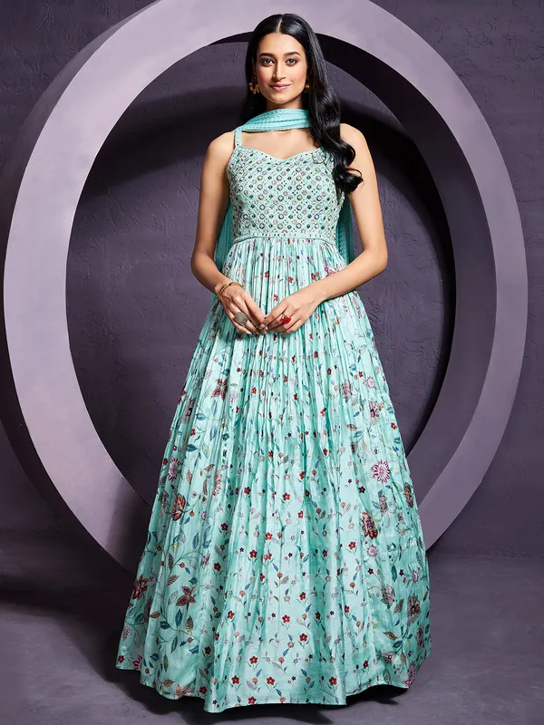Gorgeous sky blue printed silk anarkali suit