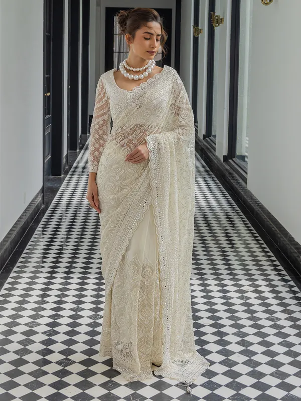 Gorgeous white net saree for wedding