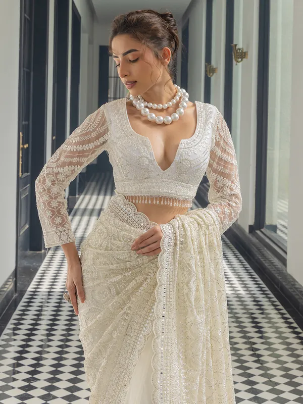 Gorgeous white net saree for wedding