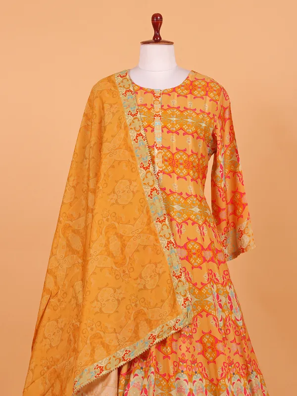 Gorgeous yellow cotton silk printed anarkali suit
