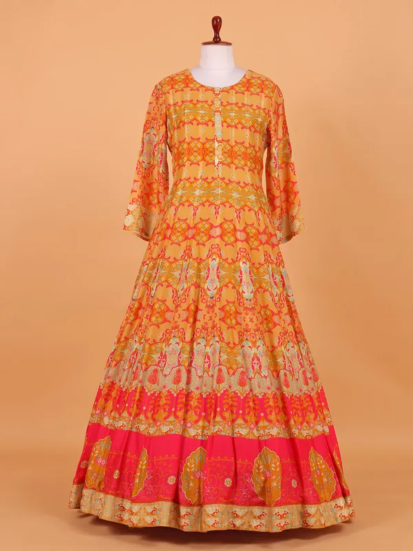 Gorgeous yellow cotton silk printed anarkali suit