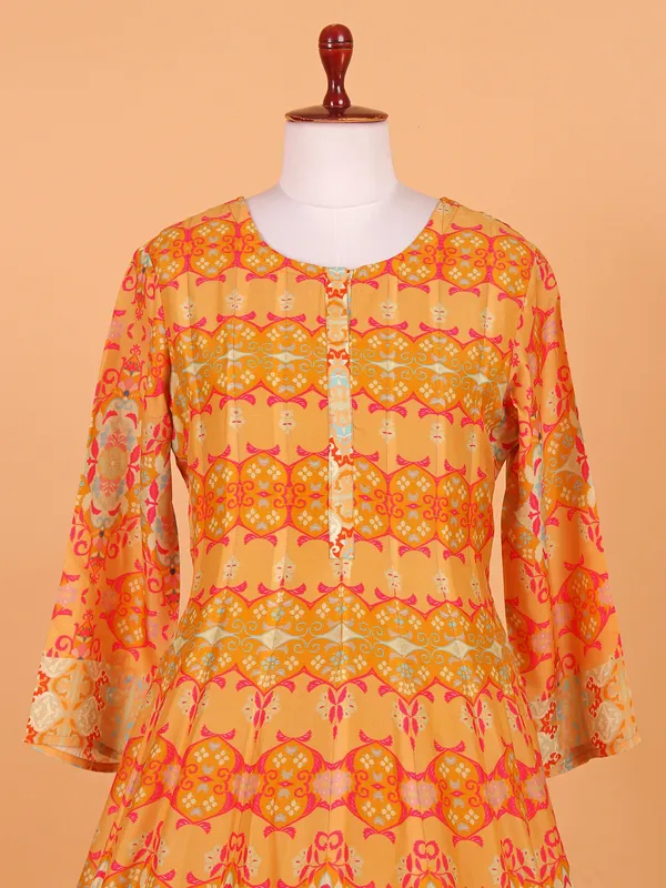 Gorgeous yellow cotton silk printed anarkali suit