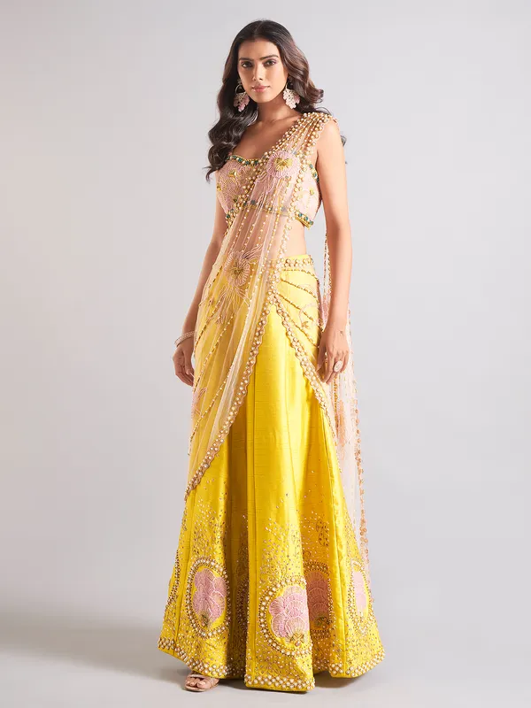 Gorgeous yellow raw silk palazzo suit