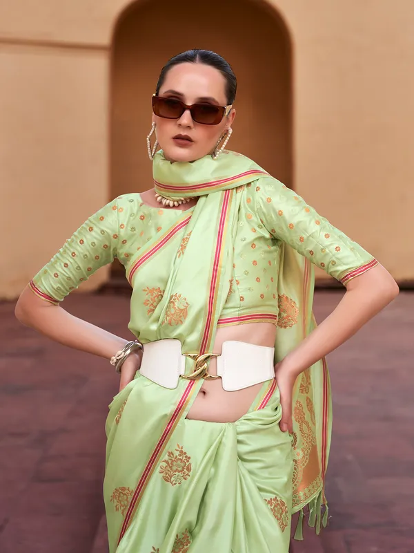 Graceful green satin silk celebration saree