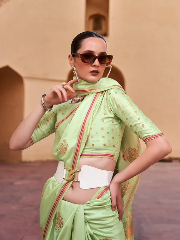 Graceful green satin silk celebration saree