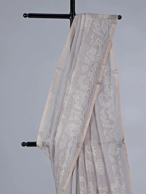 Graceful grey semi organza saree with fine embroidery detailing