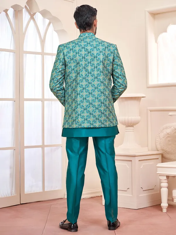 Graceful rama green indowestern for wedding splendor