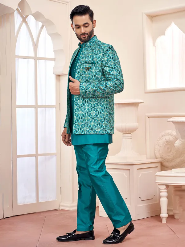 Graceful rama green indowestern for wedding splendor