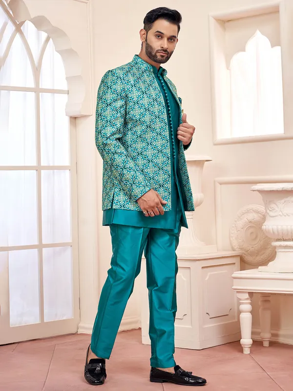 Graceful rama green indowestern for wedding splendor