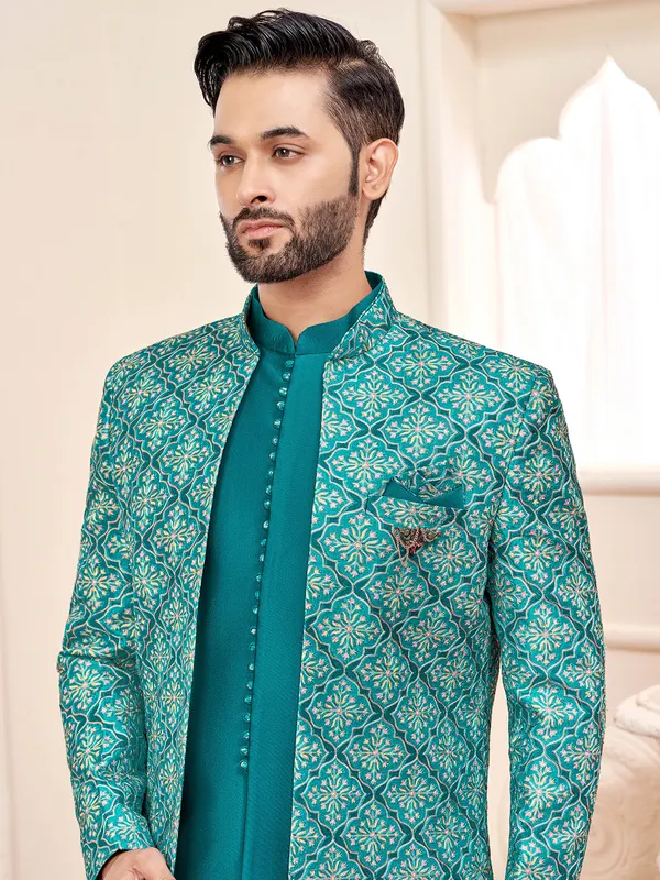 Graceful rama green indowestern for wedding splendor