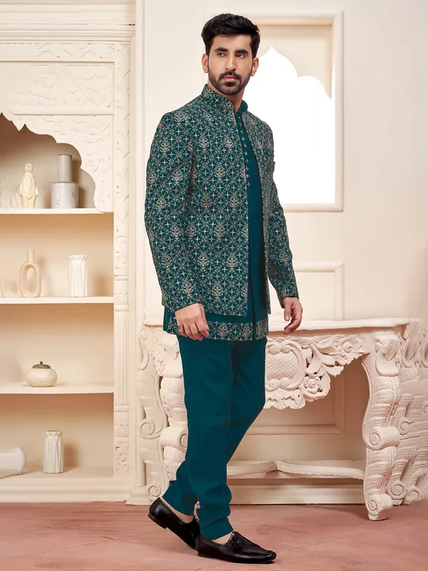 Graceful rama green indowestern for weddings