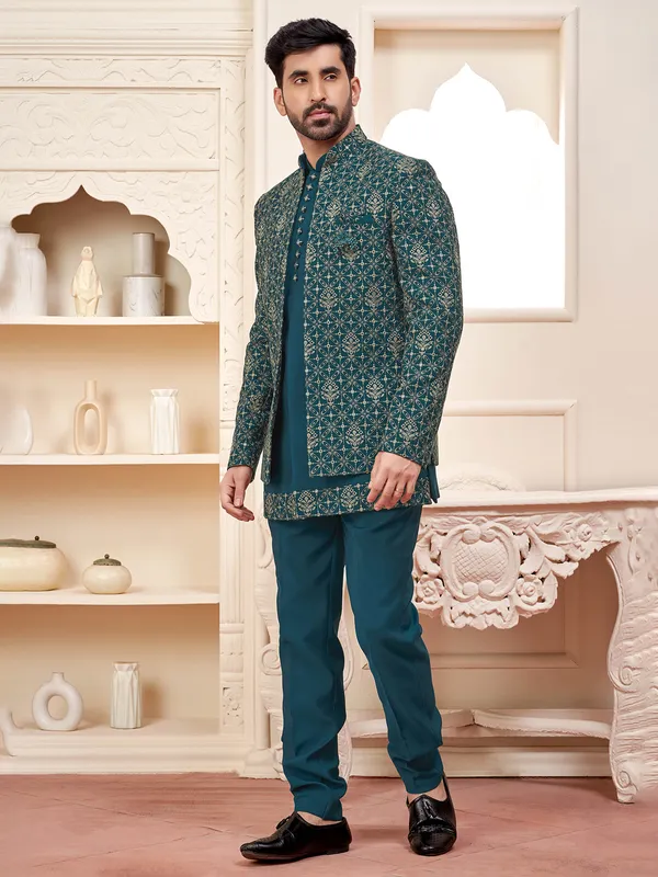 Graceful rama green indowestern for weddings