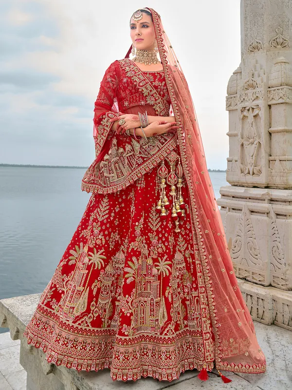 Graceful silk red unstitched lehenga choli for wedding