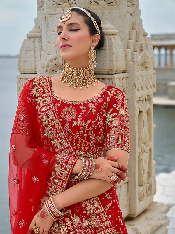 Graceful silk red unstitched lehenga choli for wedding