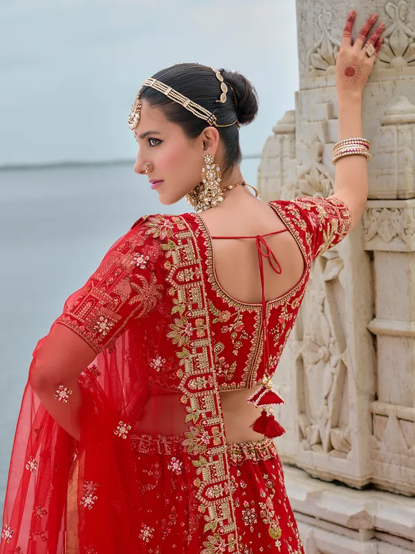 Graceful silk red unstitched lehenga choli for wedding