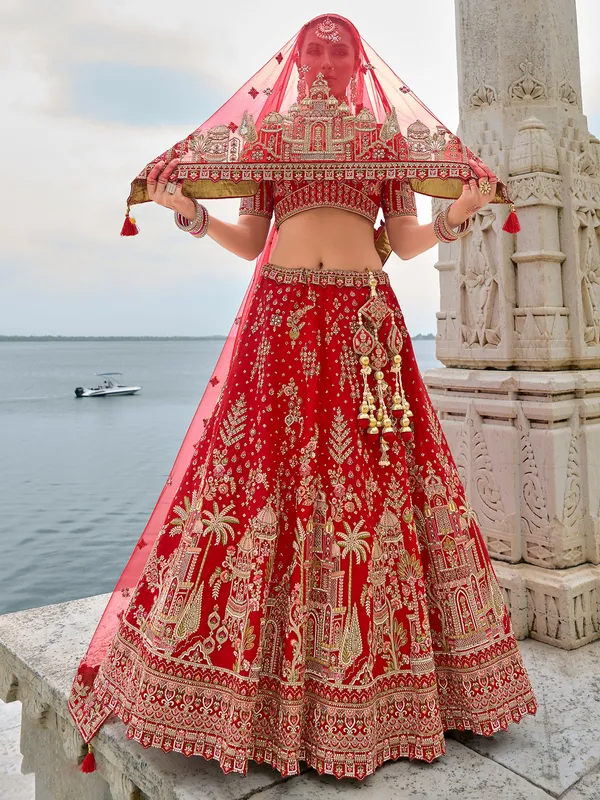 Graceful silk red unstitched lehenga choli for wedding