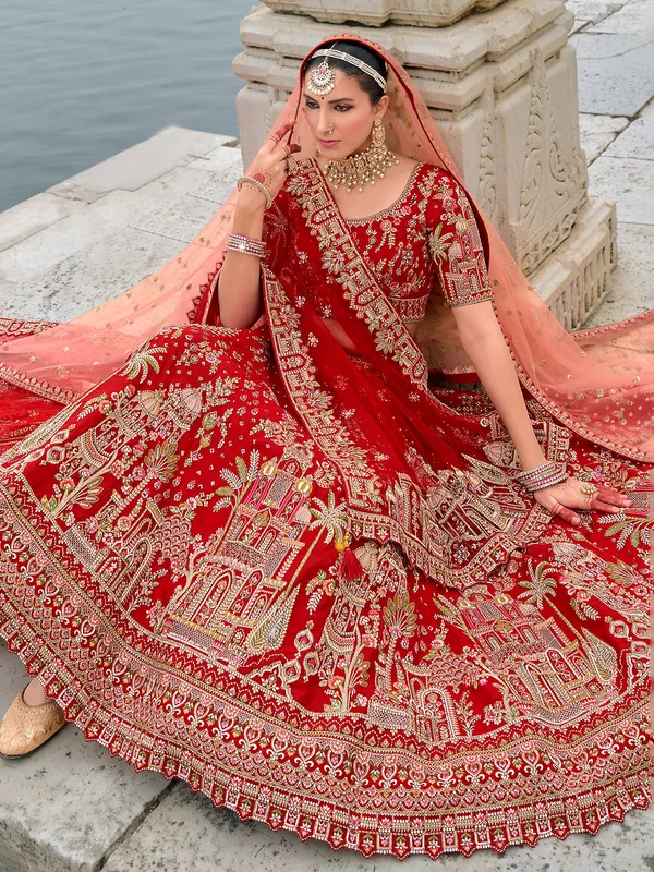 Graceful silk red unstitched lehenga choli for wedding