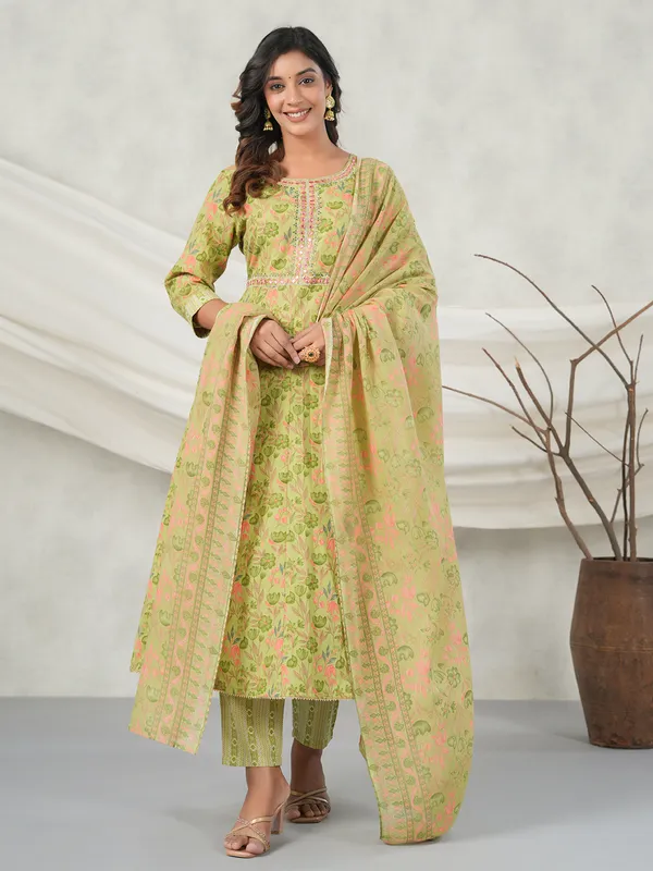 Grass green cotton printed kurti set