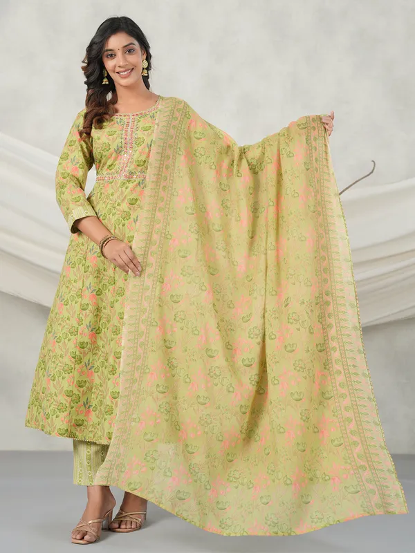Grass green cotton printed kurti set
